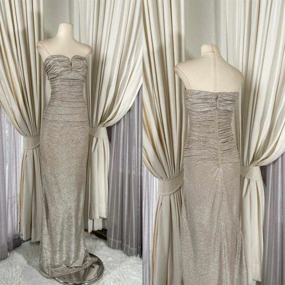 

Customized Exquisite silver Jersey Evening Dress Elegant Graceful Strapless Sleeveless Zipper Back Special Occasion Gowns