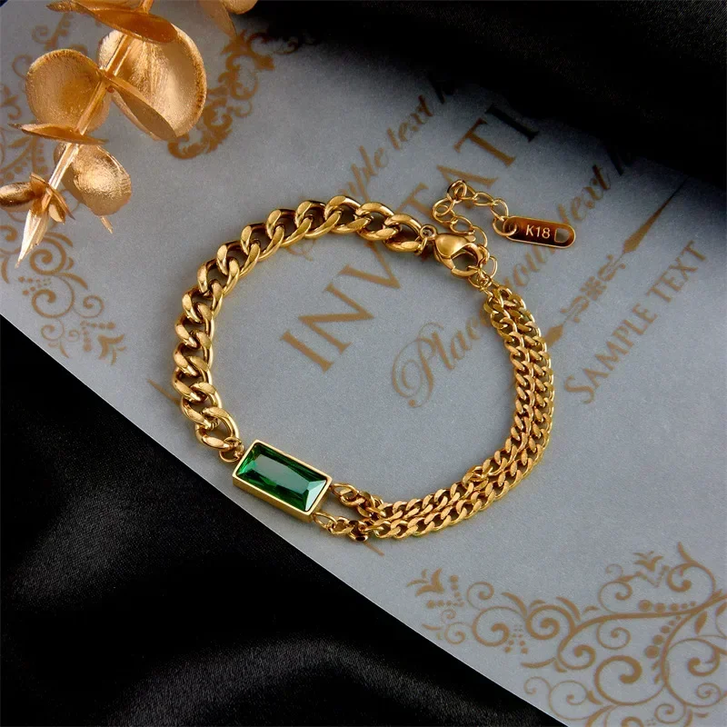 316l Stainless Steel Gold Color Chain Necklace Bracelet Earrings Rectangular Green Crystal Luxury Designer Wedding Jewelry Sets