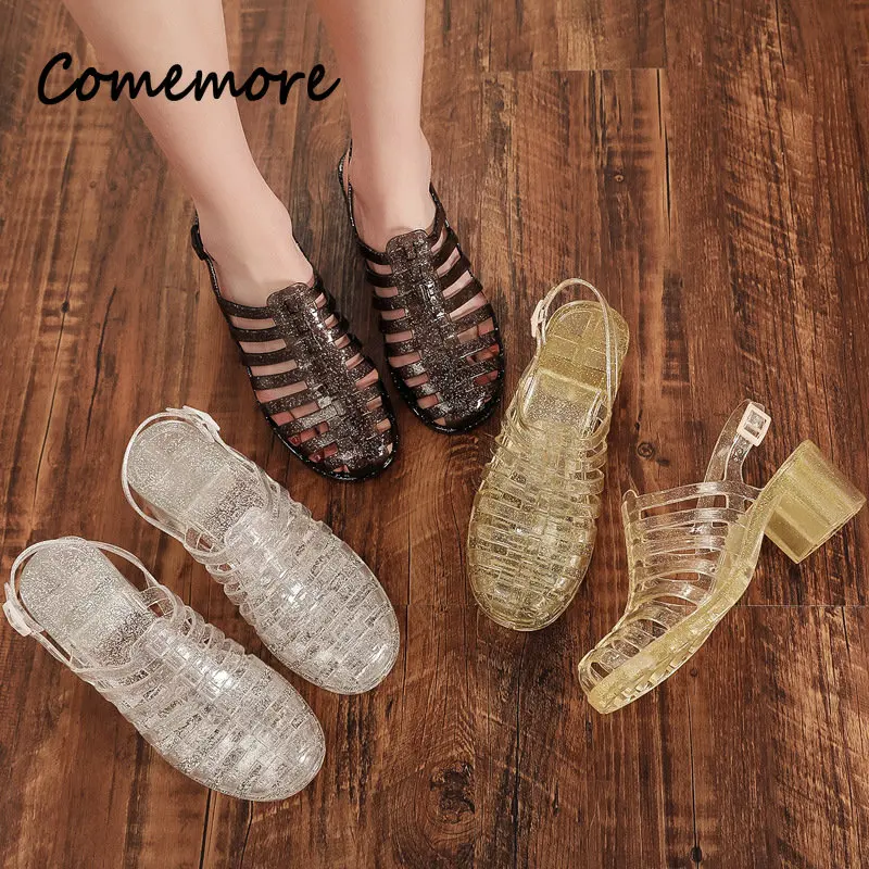 Comemore High Heels Women\'s Pvc Sandals for Summer 2023 Women Shoes Block Medium Heel Casual Plastic Sandal Clear Footwear Cheap