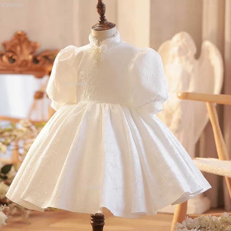 Flower Girl Wedding Dress Chinese Style White Children Girls First Birthday  Party Kids Pageant Formal Zhuazhou Gown Princess