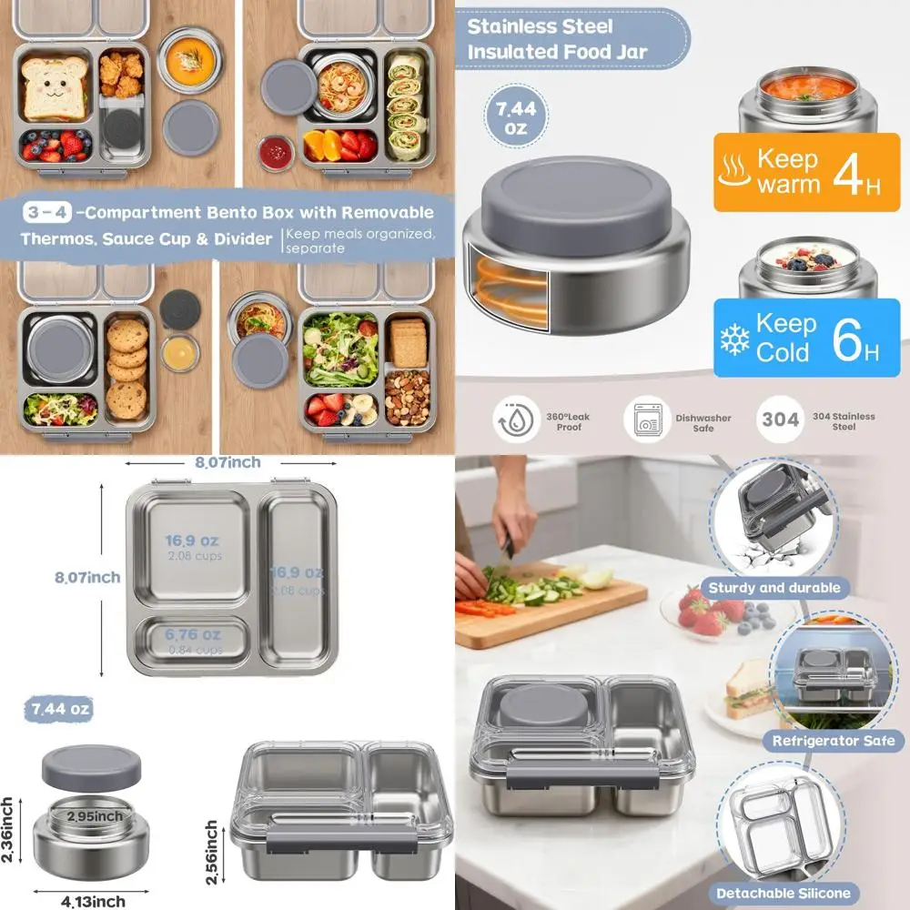 

Insulated Stainless Steel Bento Box for Kids and Adults, 7oz Food Jar with Transparent Lid, Removable Divider and Sauce Cup for