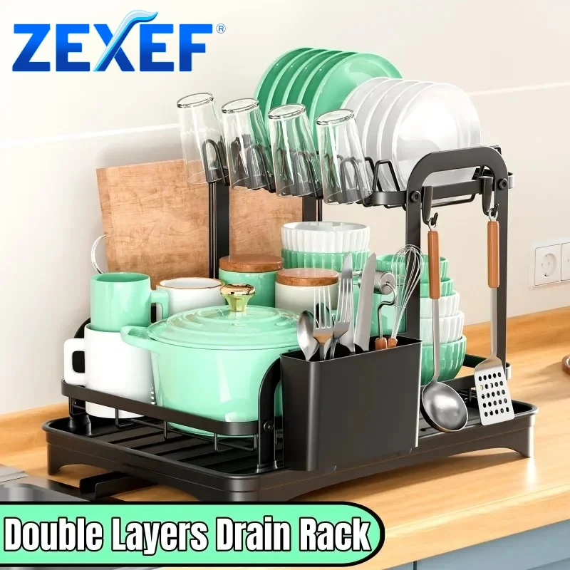 

H Shaped Flat Iron Double Layers Dish Rack Kitchen Dish Rack Household Anti Rust Countertop Double Layers Multi Functional Drain