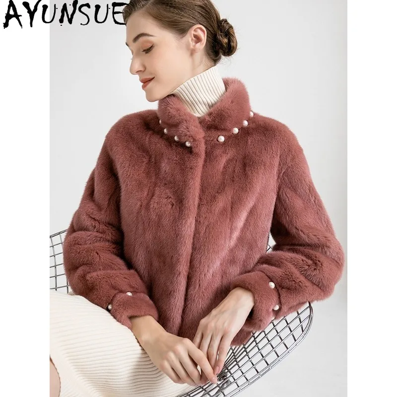 AYUNSUE violet étiquette velours manteau de fourrure femme luxe courte veste de fourrure vêtements d'extérieur élégants entiers manteaux de fourrure de vison femme vêtements Шу].