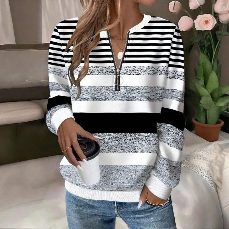 

Women Half Zipper Striped Print Sweatshirts Autumn Winter Fashion Streetwear Female Long Sleeve Round Neck Hoodies Chic Tops
