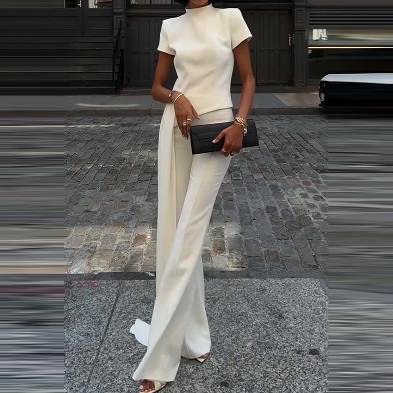 Mode Stehen Kragen Einfarbig Unregelmäßigen Set Casual Kurzarm Pullover & Lange Hose Outfits Frauen Elegante Pendeln 2 Stück anzug