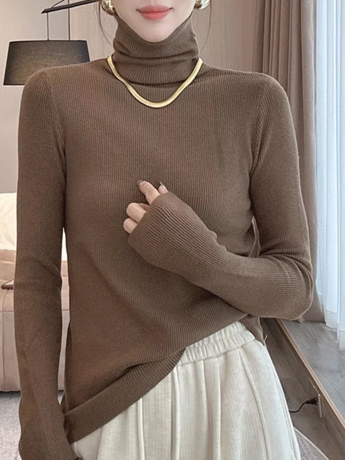 

Осенний женский свитер цвета овсянки с высоким воротником, приталенный, с длинными рукавами, утепленный, базовый, для повседневной носки, однотонный.