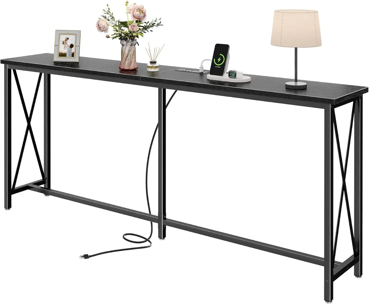 70 Inch Console Table with 2 Outlets, 1 Type-C and 1 USB Port,Narrow Sofa Table for Living Room, Hallway, Black