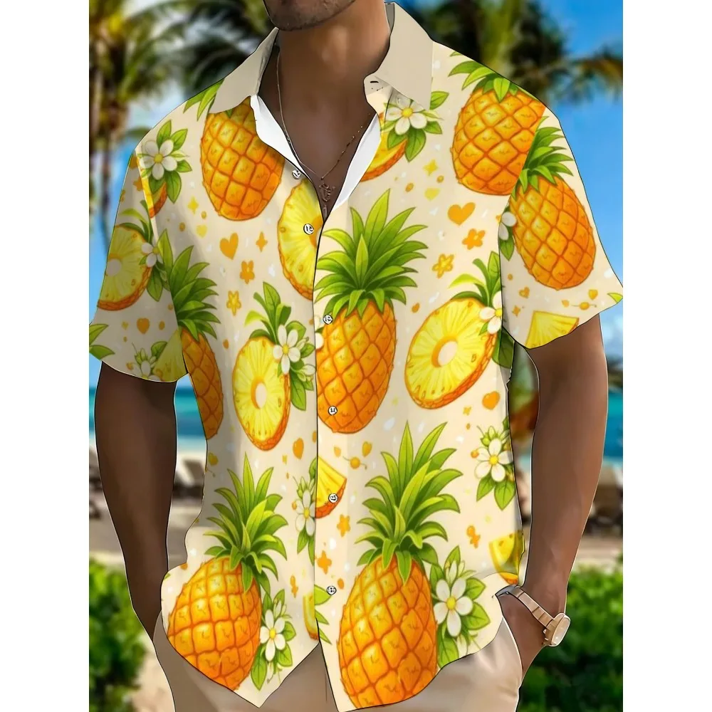 Men Casual Hawaiian Shirt Cute Pineapple Fruit Plumeria Graphic Print Beige Short Sleeve Button‑Down Beach Holiday Travel Tops