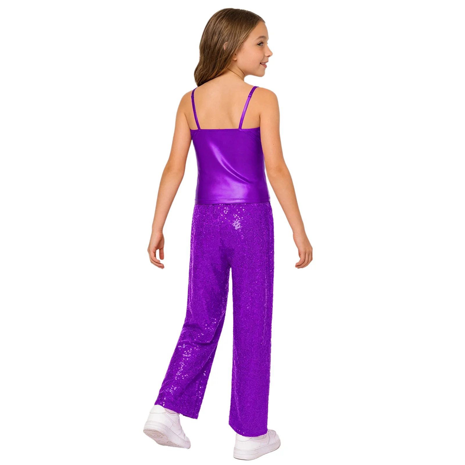 Kids Girls Modern Rhythmic Jazz Dance Performance Outfit Metallic Spaghetti Shoulder Straps Camisole with Sparkling Sequin Pants