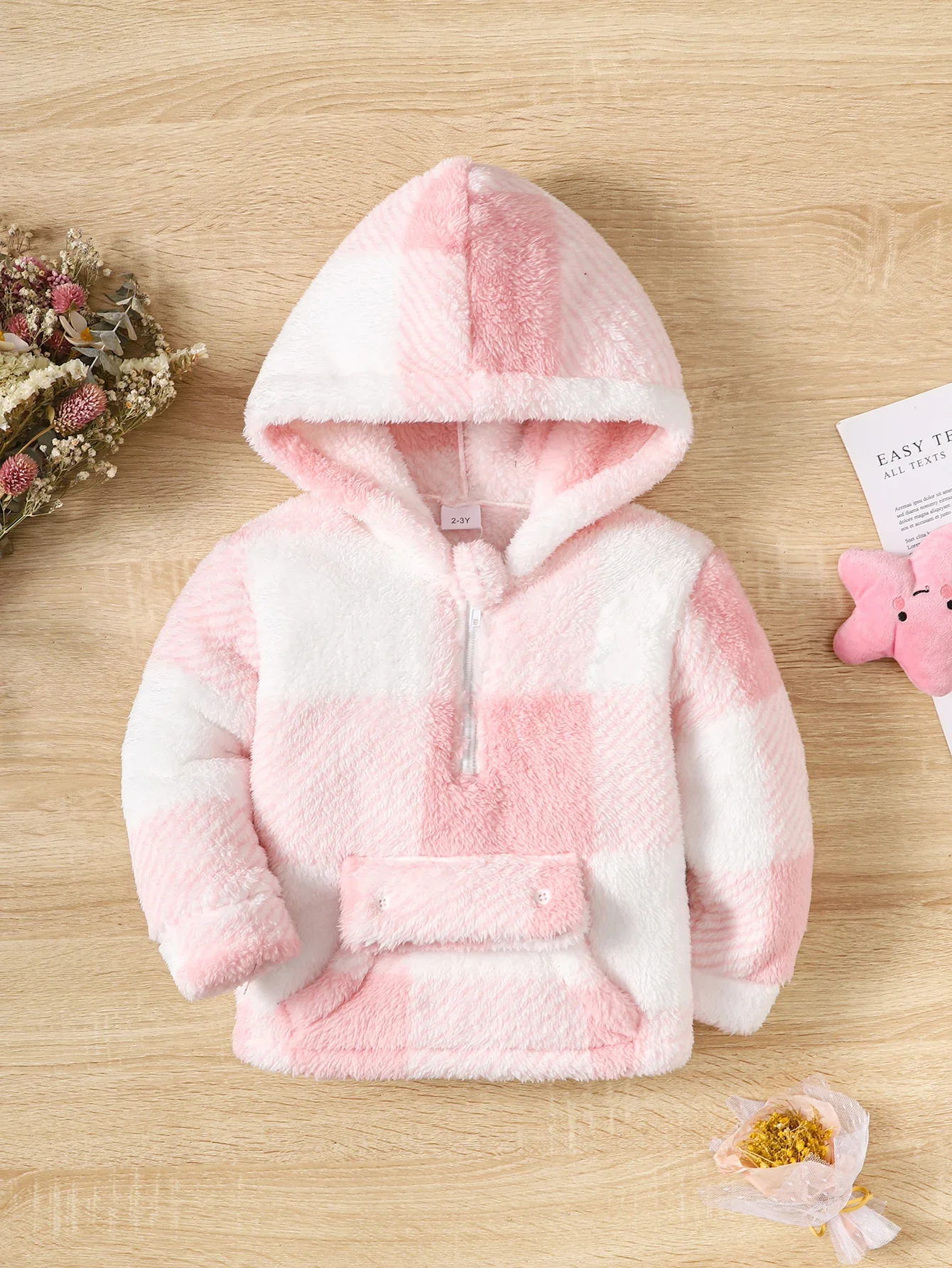 Little Girl Long Sleeved Hooded Sweater Cute Pink Plaid Jacket Plush Plush Thickened Fashion Clothes for Children Girl 2-8 Years