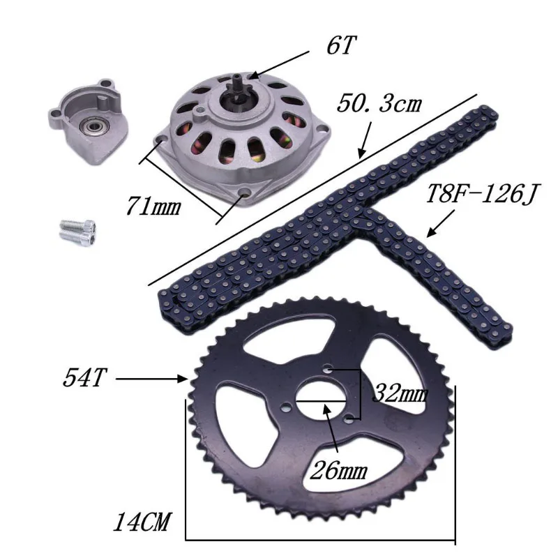 Motorcycle T8F 54T 26mm Rear Chain Sprocket T8F 126 Link Chains & 6T Gear Box For 49cc Pocket Bike Mini Moto Accessories AMEXIAO