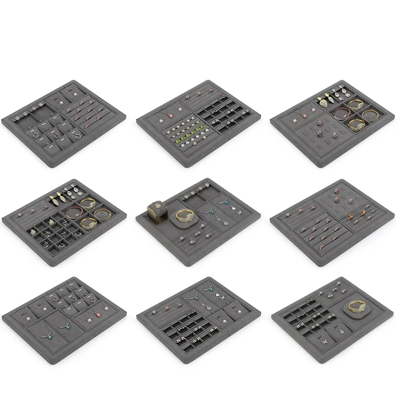 

High-end grey super-fine jewelry display trays for viewing bracelets, necklaces and rings at the jewelry counter