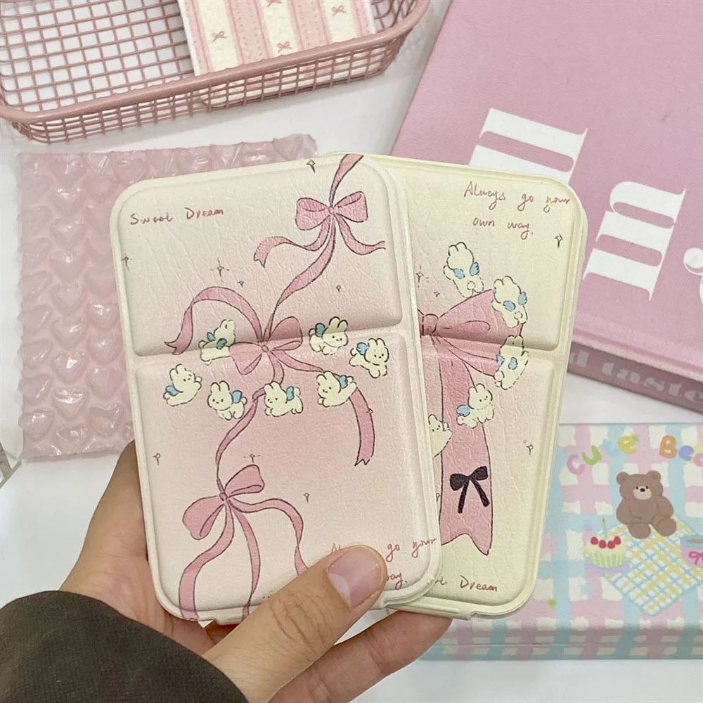 Portable Foldable Makeup Mirror PU Leather Handheld Mirrors Cute Bow Bunny Cat Bear Pocket Cosmetic Mirror Desktop Makeup Mirror