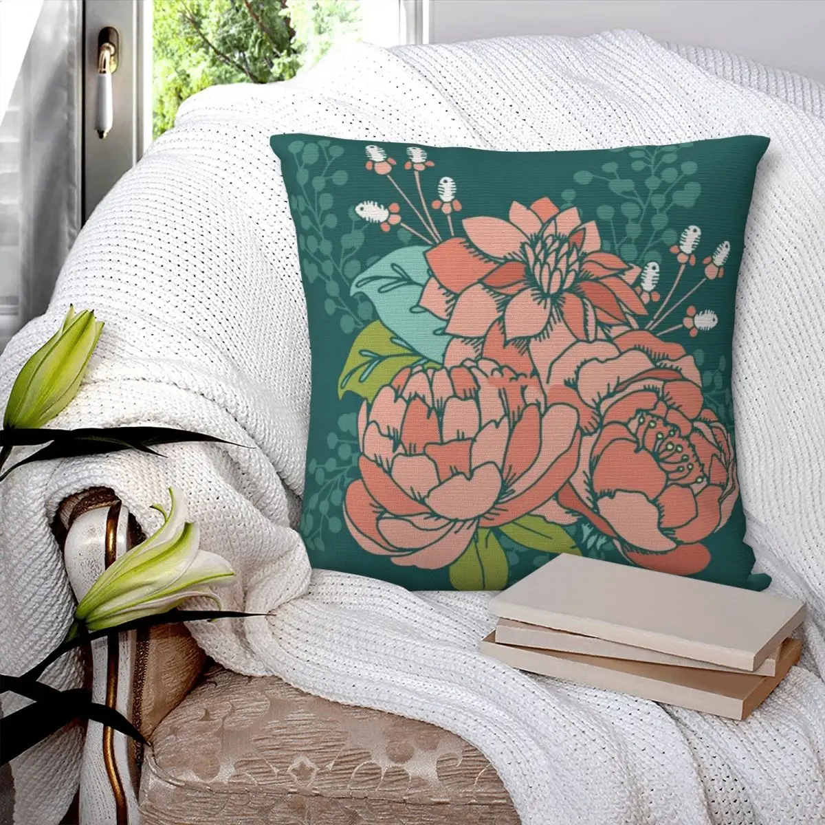 Moody Florals - Teal Square Pillowcase Polyester Pillow Cover Velvet Cushion Decor Comfort Throw Pillow For Home Sofa