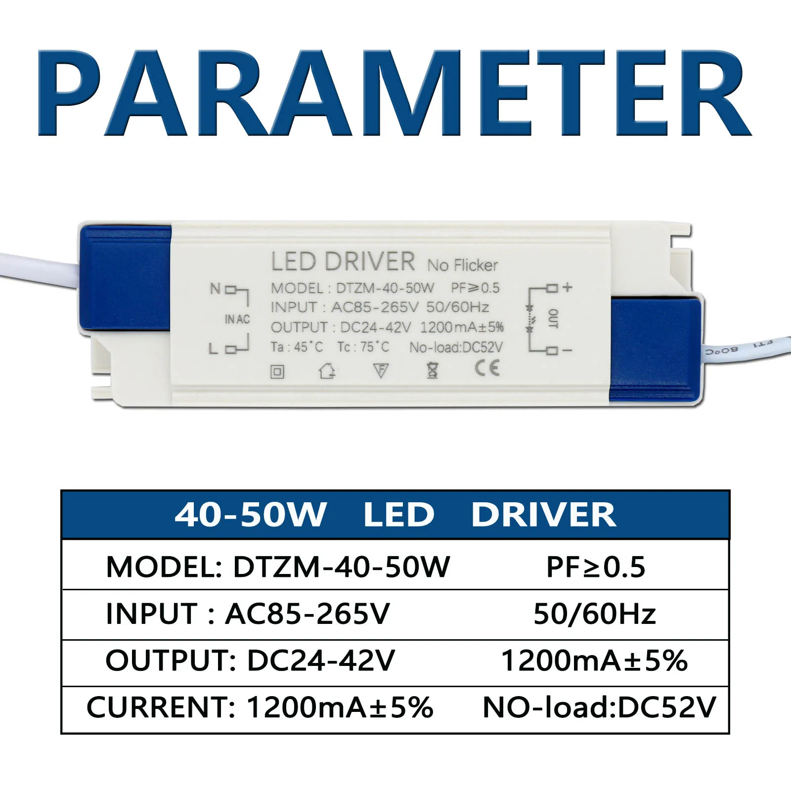 40-50W LED Power Lighting Transformer DC24-42V AC85-265V 1200mA Plug Interface DC Connector Panel Light Available