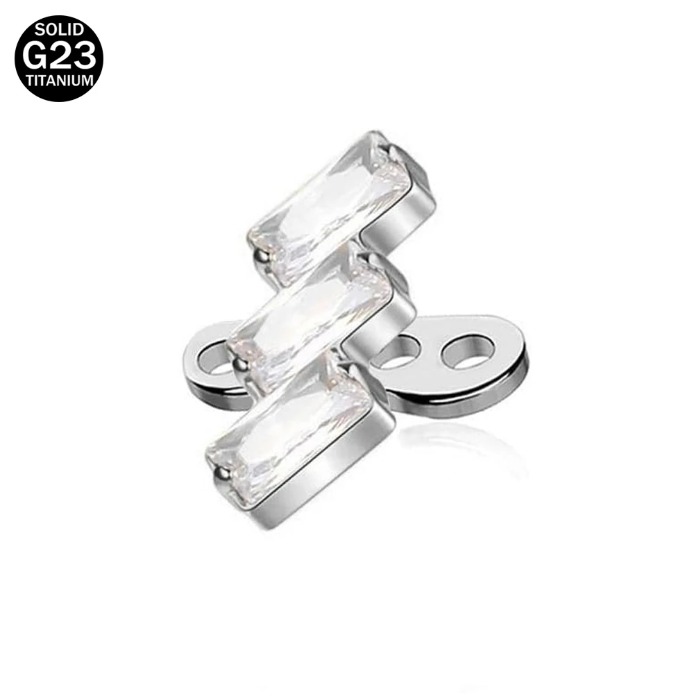 Triple Baguette CZ Dermal Anchor Titanium Internally Threaded Cubic Zirconia Surface Skin Microdermal Stud Body Piercing Jewelry