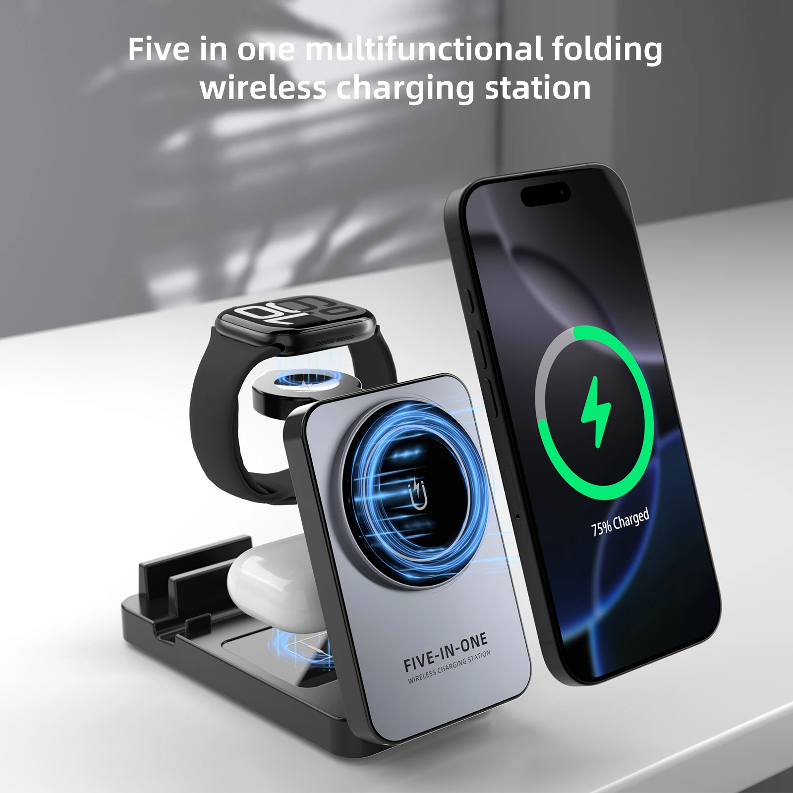 

Wireless Charger 5 in 1, 15W Fast Charging, Foldable Magnetic Stand, for iPhone 16/15/14/13 Series, Apple Watch, AirPods