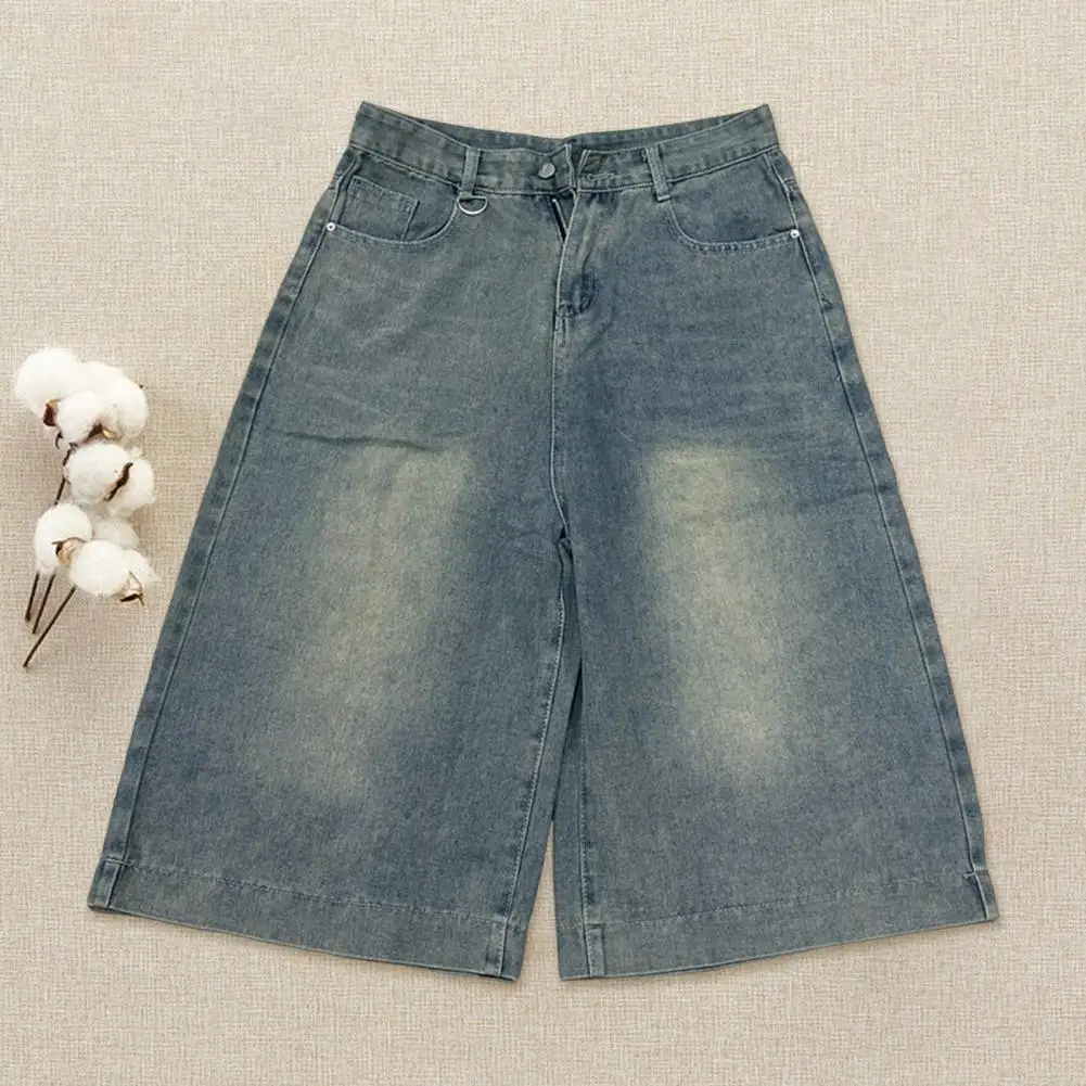 Cropped Denim Jeans Stijlvolle Heren Cropped Wijde Pijpen Jeans Met Knoopsluiting Zakken Retro Gewassen Denim Broek In Mid-Calf Voor Een