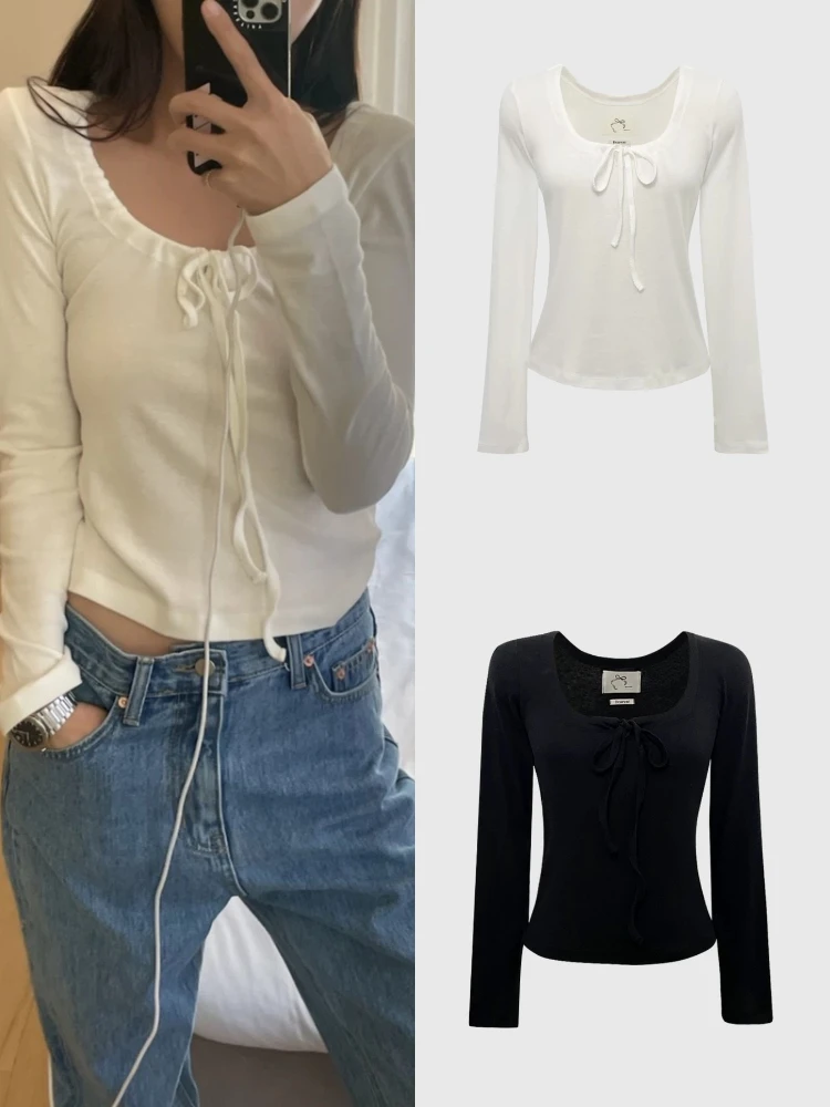 

Korean Sle Women's Slim Fit ort T-irt with Bow Tie Square Collar Pure Desire Sle Autumn Faion Ladies' Tops