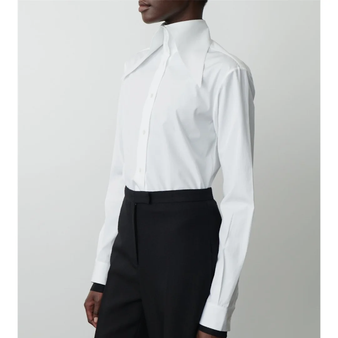 

2025 Early Autumn Simple Single-Breasted Long-Sleeved Pointed Collar White Shirt For Women