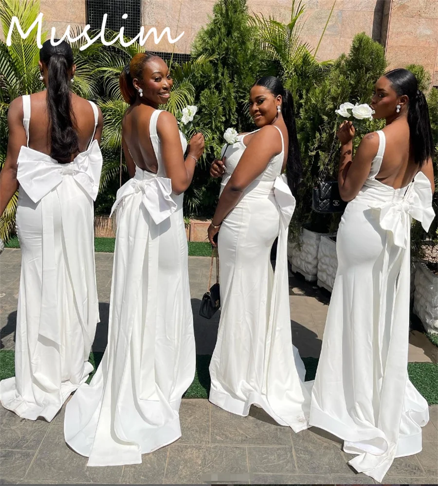 White Country Memaid Bridesmaid Dresses Spaghetti Straps Soft Satin Maid Of Honor African Wedding Guest Dress With Bow Backless