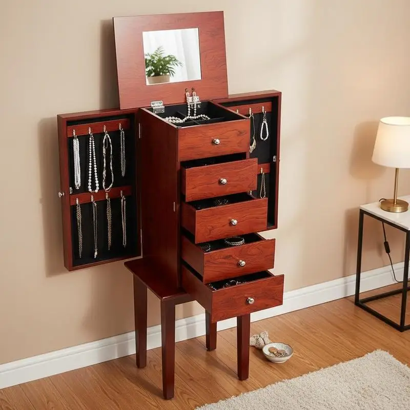 Jewelry Organizer Box 13.4"x9.4"x35.1" For Bedroom Dressing Room Cloakroom, Flip Mirror 4 Drawers Zinc Alloy Handles 2 Side Doors 16 Necklace Hooks Wood Texture Walnut Finish Standing Furniture Case