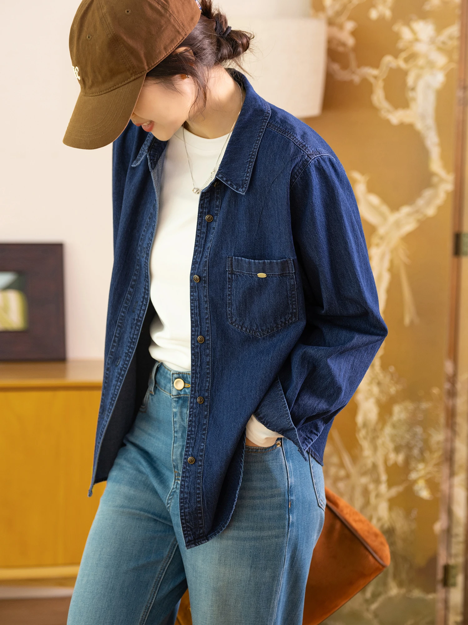 

Ретро джинсовая женская рубашка с длинным рукавом и воротником, 100% хлопок, плотная, комфортная посадка, китайский бренд, весна-лето