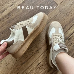 BEAUTODAY Sneakers Women Suede Leather Sports Flats Mixed-colors Lace-up Round Toe Ladies Vulcanize Shoes Handmade 29864