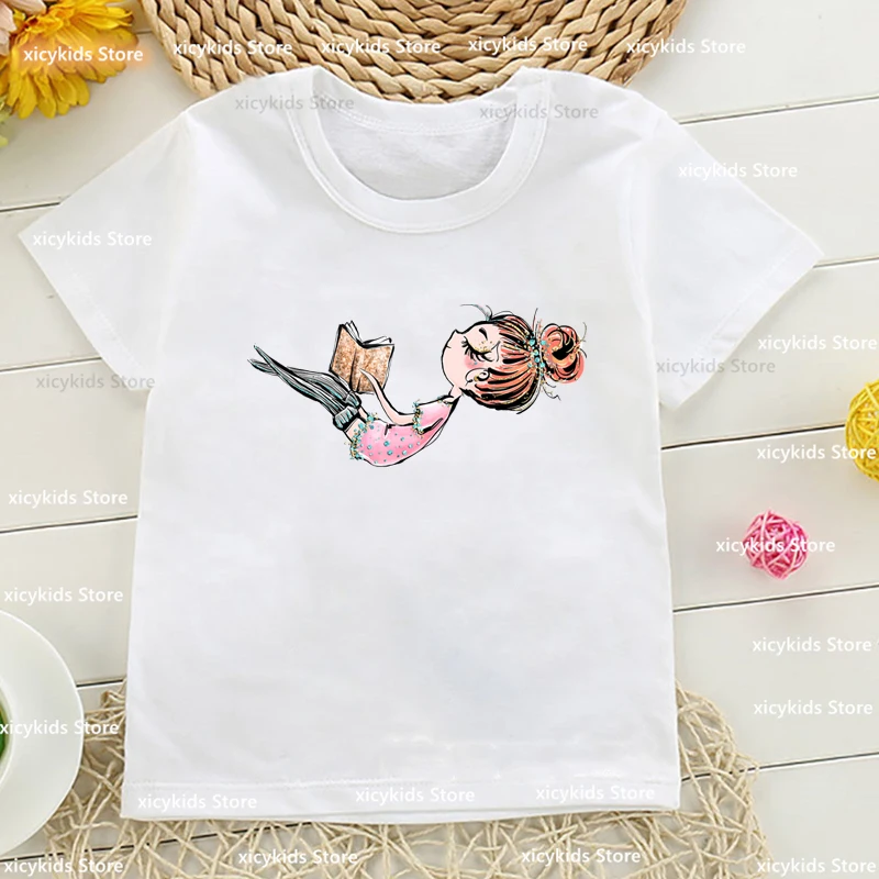 New Arrival 2024 Girls t-shirt Funny Reading girl Cartoon Print Children's tshirt Kawaii Girls' O-Neck Pink White Shirt Tops