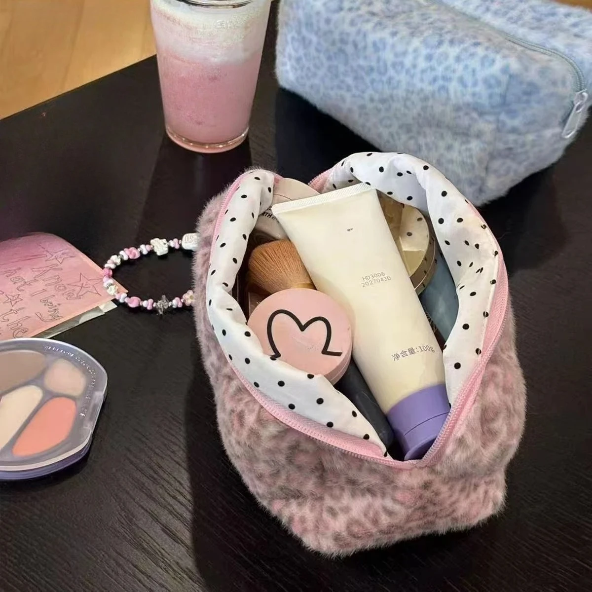 1/2pcs Durable Fuzzy Cosmetic Bag Makeup Bag Large Capacity Leopard Print Toiletry Organizer Portable Girls Travel Storage