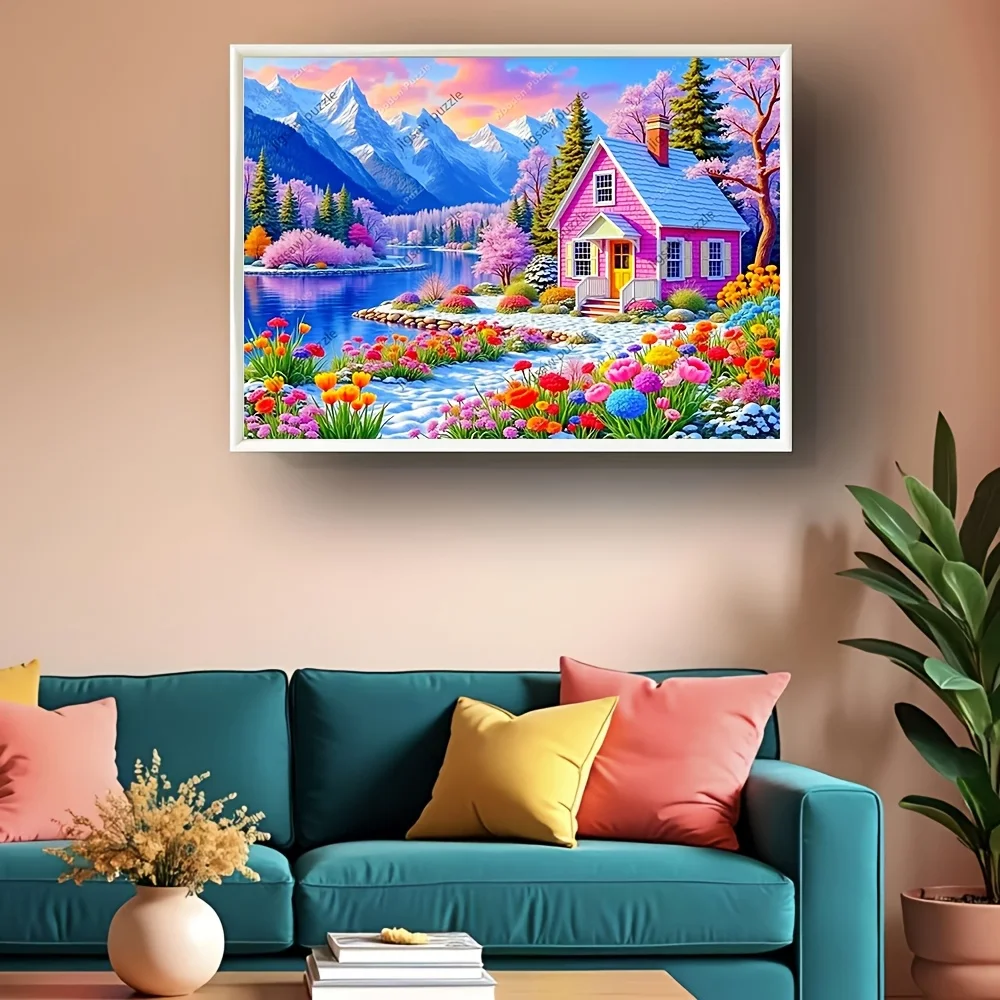 2000/1500/1000/500 قطعة أحجية الصور المقطوعة الخشبية للبالغين - مشهد زهور جبل البحيرة الوردية النابضة بالحياة، تشالينجين الخشبي الفاخر