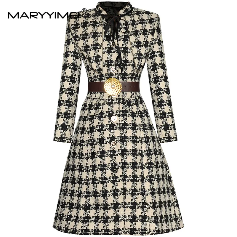 

MARYYIMEI Fashion Runway dress Spring Women Dress Stand Neck Single-breasted Belted Long sleeve Houndstooth Printed Casual Dress