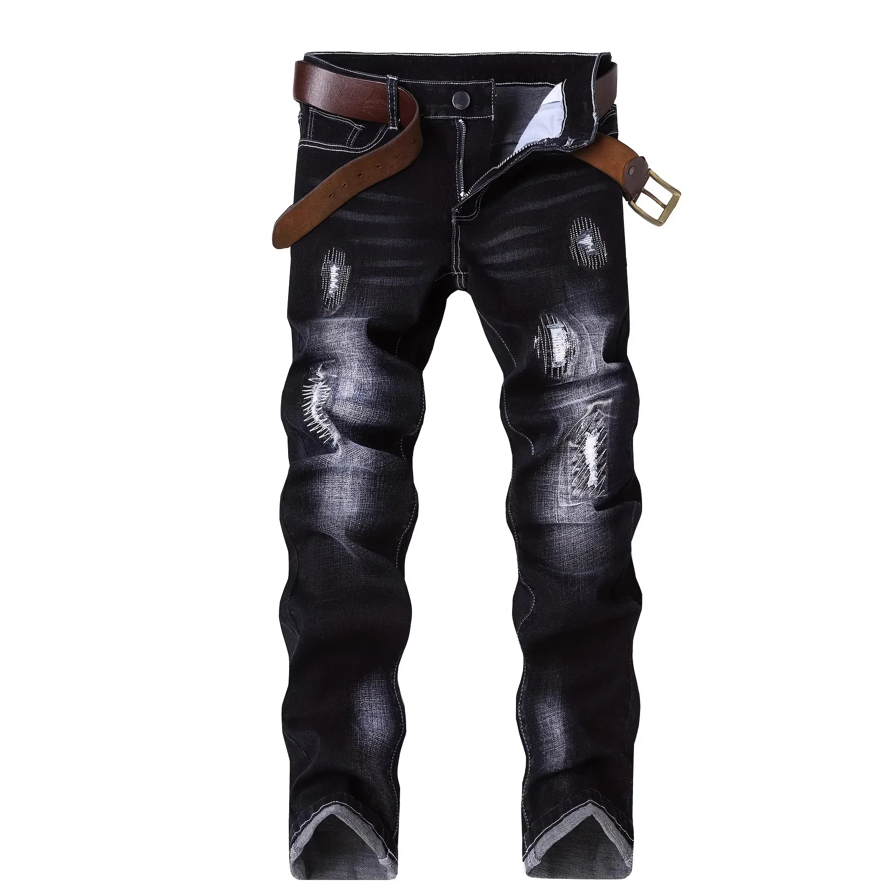 

Men's stretch ripped embroidered skinny jeans, business casual jeans