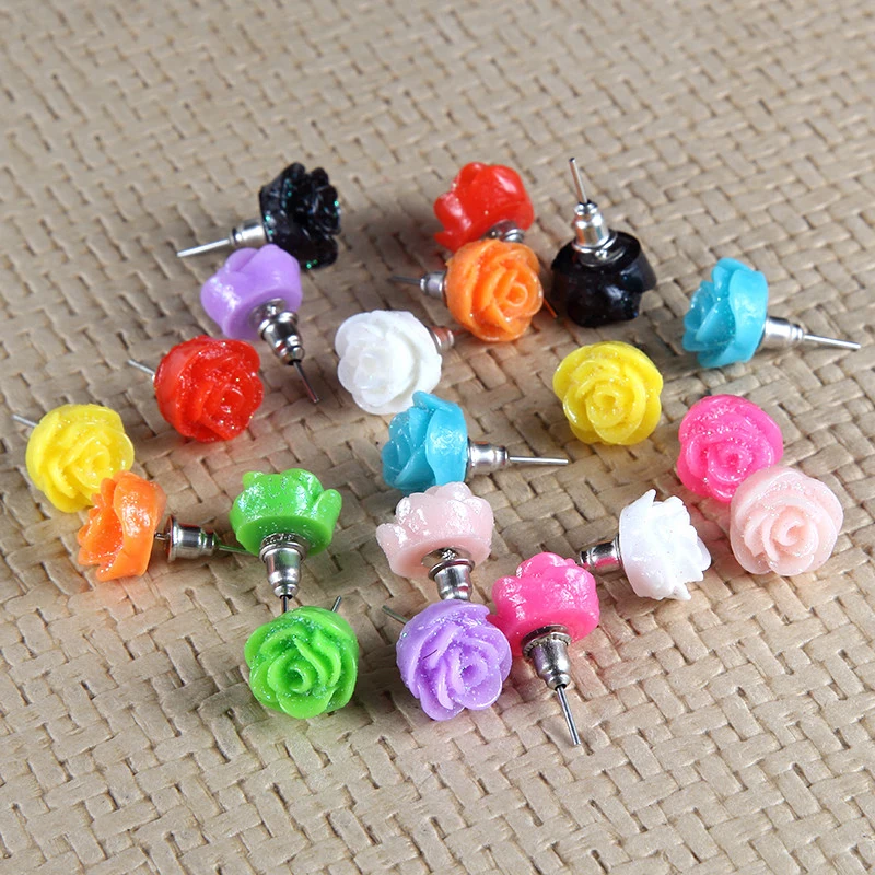 High Grade Trendy 12 pairs Multicolor Rose Flower Resin Stud Earring For Women Girl Ear Jewelry Wholesale