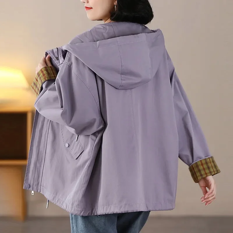 

Spring Autumn Female Leisure Lined Outwear Korean Lady Long Sleeves Windbreaker Coat Women Large Size 4XL Hooded Trench Jacket