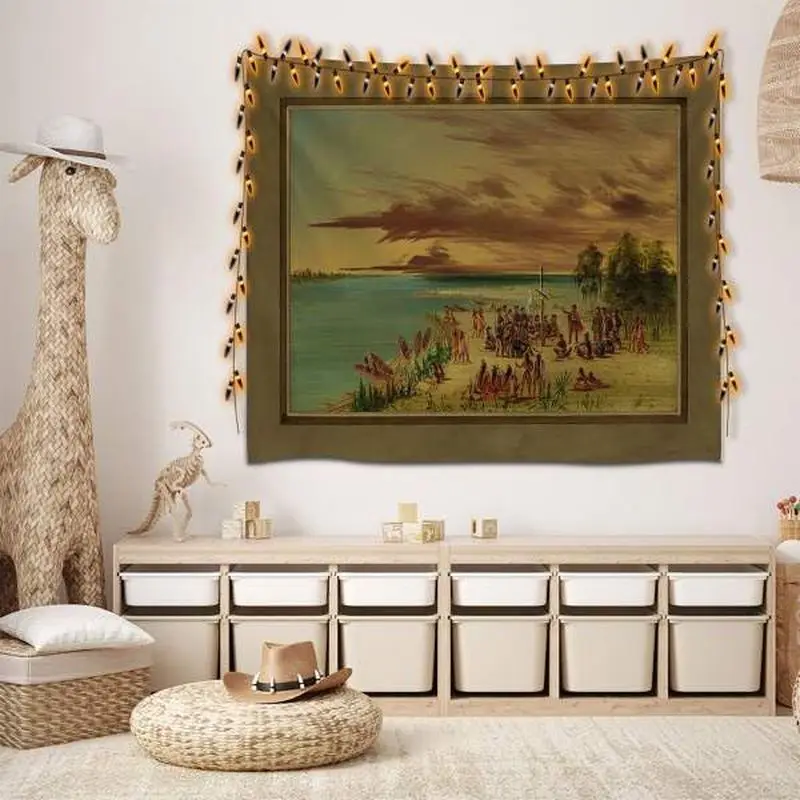 VIKAMA Native American Lake Gathering Oil Wall Tapestry Classical Painting Indian Tribe Tent Sunset Water Historical Art Bedroom