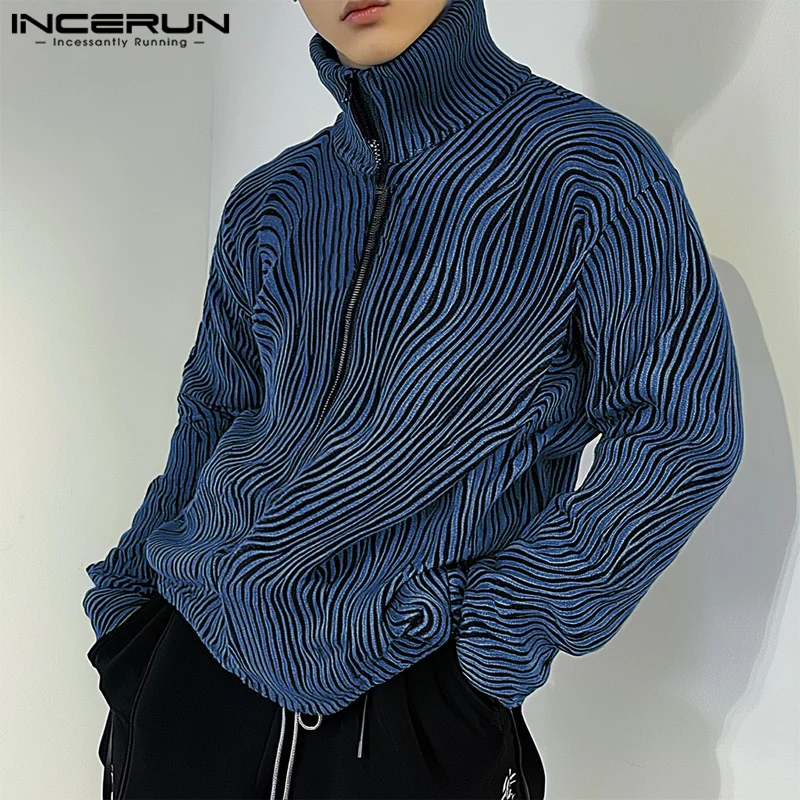 INCERUN Handsome Men Causal Jumper Long Sleeve Hoodies Ziper Printing  Sweatshirts Korean Fashion Simple Commute Loose Pullovers