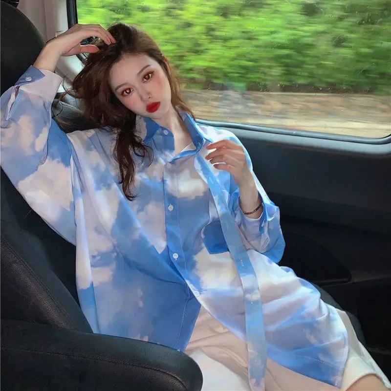 

Мужская рубашка оверсайз с принтом «Голубое небо и облака», с длинным рукавом