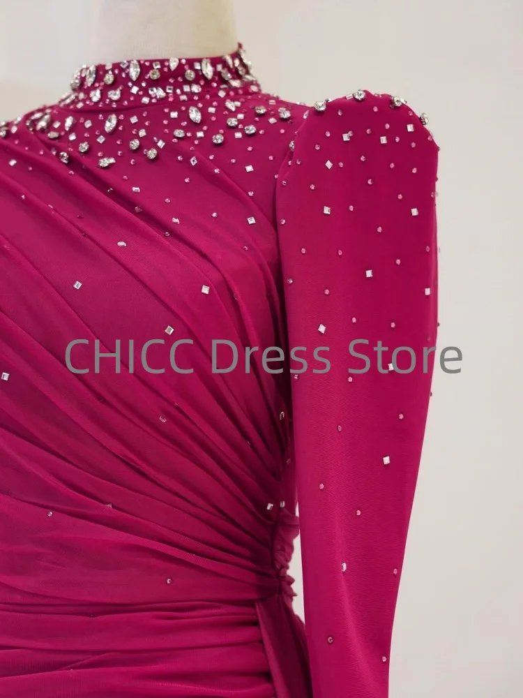 Muslimische Abendkleider aus Tüll, Stehkragen, lange Ärmel, Perlenstickerei, bescheidene formelle Damen-Abschlussballkleider, Hochzeitsgast-Outfits, individuell gestaltet