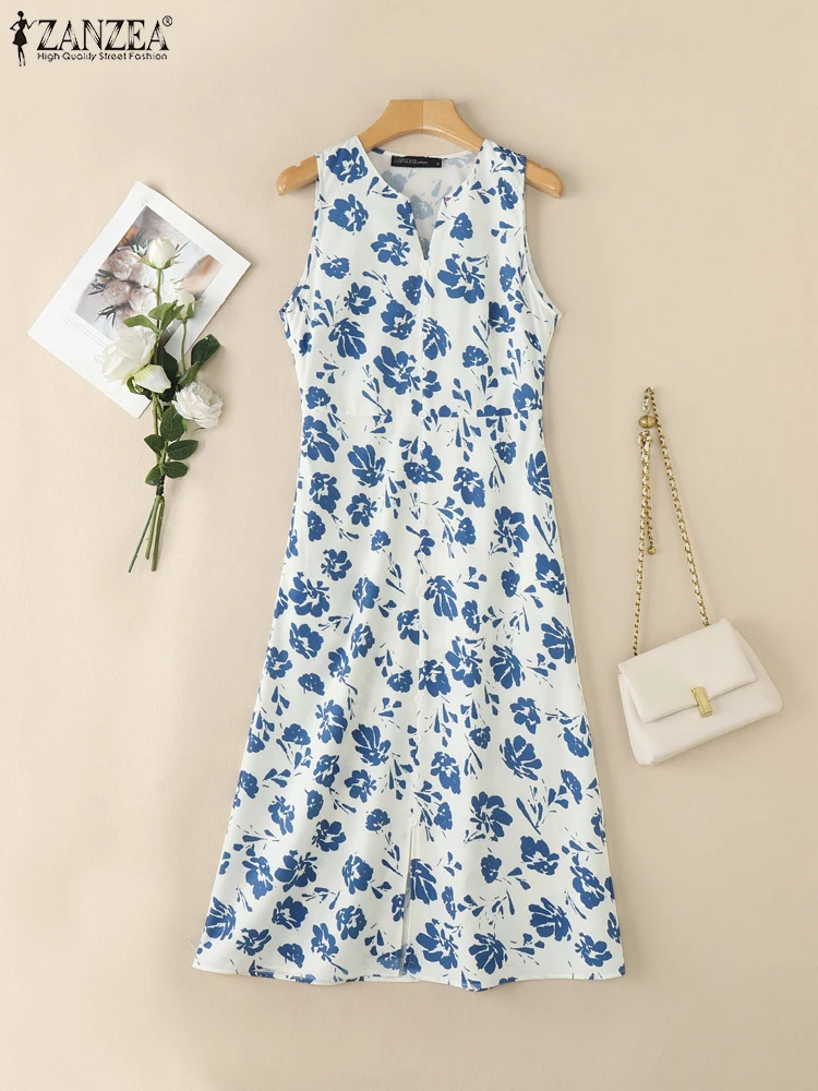 ZANZEA-Vestidos Midi elegantes con estampado Floral para mujer, Vestidos sin mangas con cuello en V para verano 2025, batas informales de corte a para ir al trabajo para mujer
