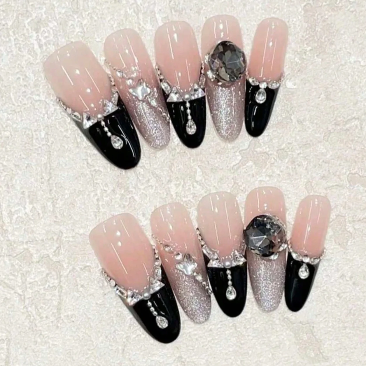 10pcs Long Coffin Nude Black French Star Rhinestone Press On Nails, Gift For Women, DIY Nail Art, Fake Nails, Handmade Nail Set view 2