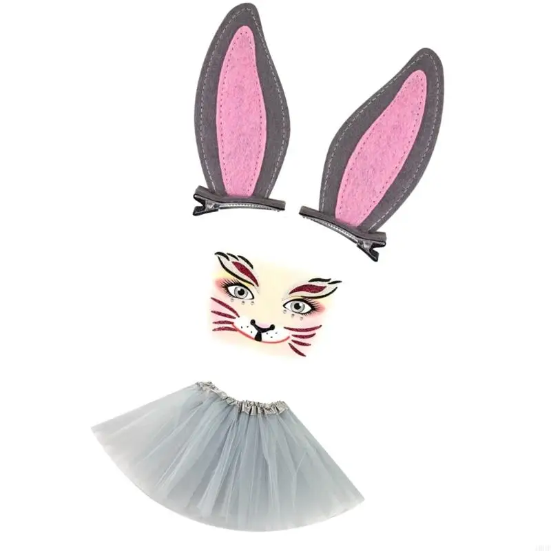 Śliczne uszy z królikiem Zestaw do włosów Zestaw z siatką i naklejki na twarz dla dzieci dorosłych Cosplay Party Costume