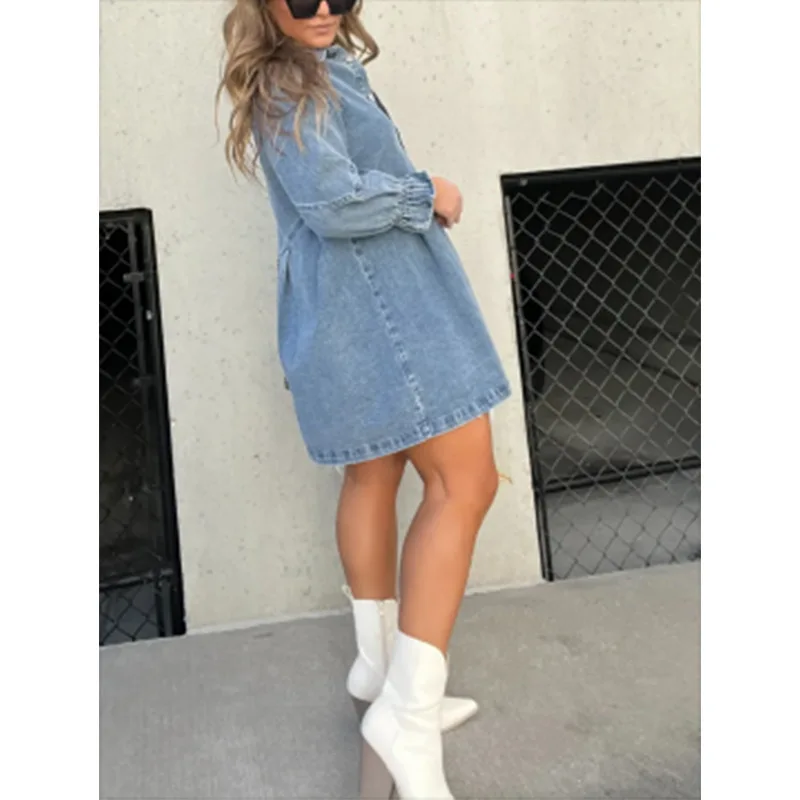 Midiross Shirt Dress Denim New Jeans Dresses Women Loose Casual Turn Down Collar 3/4 Lantern Sleeve