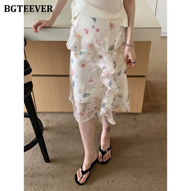 BGTEEVER French-style Floral Print Ruffled Midi Skirt Summer High-waisted A-line Skirt for Women