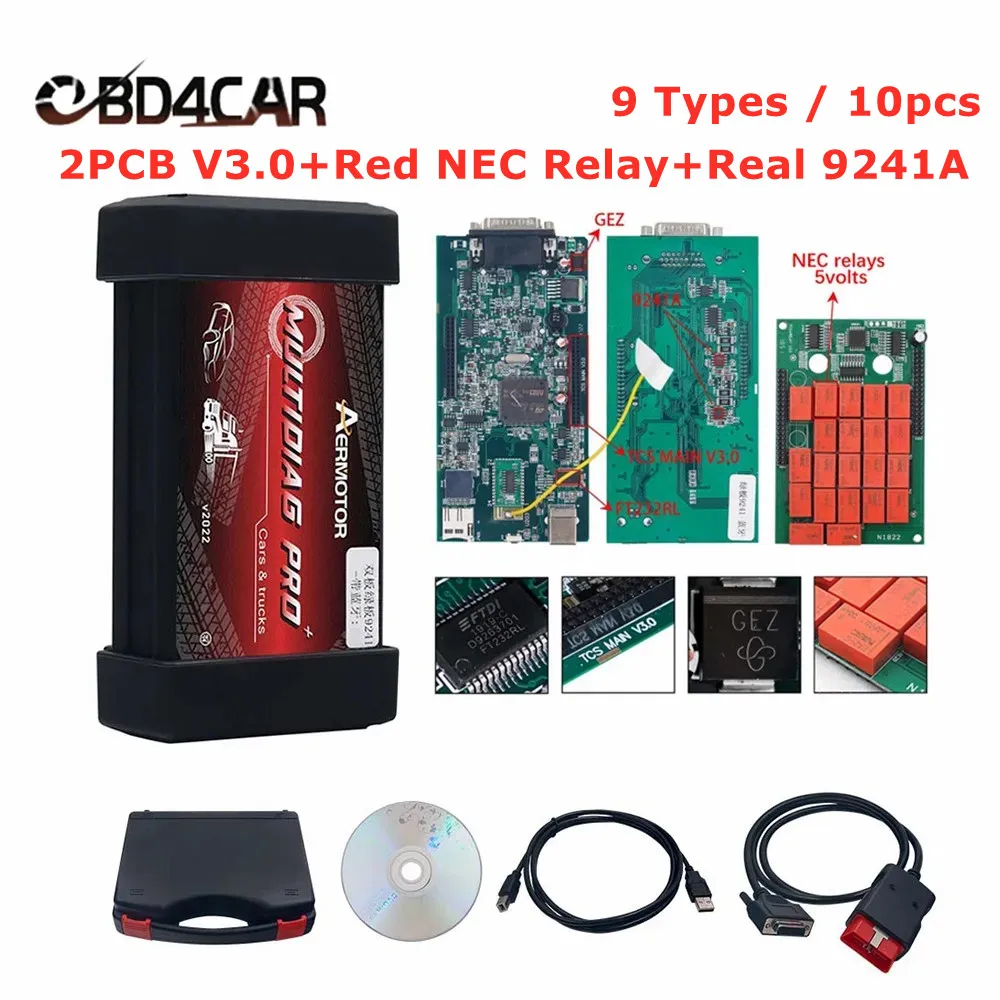 10pcs Multidiag Pro+ 2PCB V3.0 Red NEC Relay 9241A OBD2 Car Truck Diagnostic Tool TCS PRO VCI Bluetooth V2021.11 OBD2 Scanner