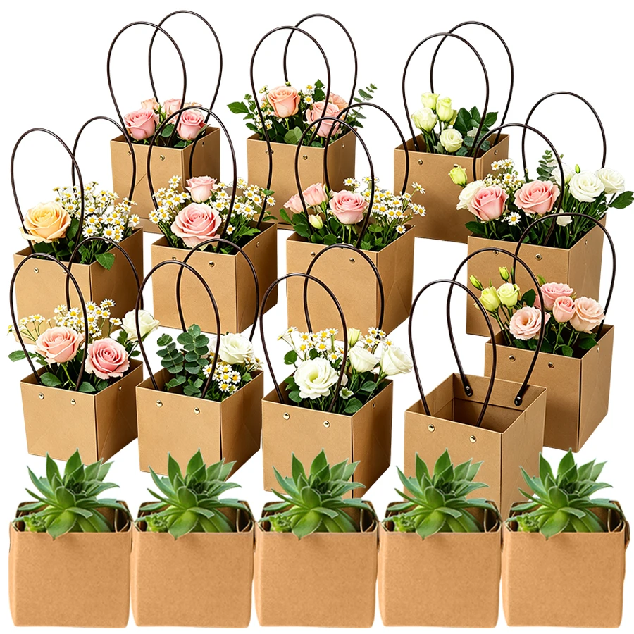 5/12/24pcs Kraft Paper Succulent Potted Plant Box, 6cm, Foldable Hanging Plant Pot with Handle, Indoor Outdoor Gardening Tool