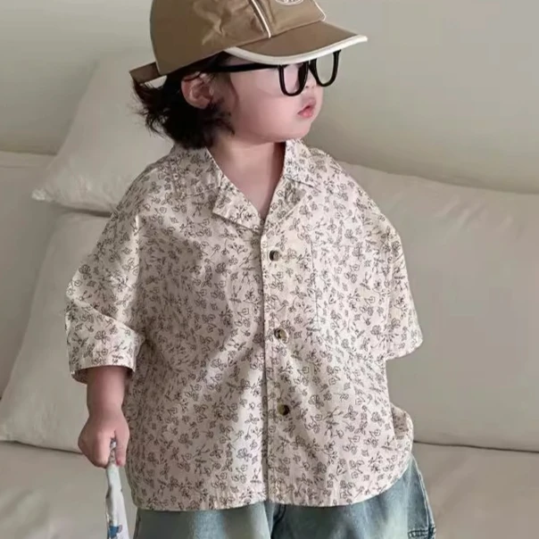 

Boys Shirt 2025 Summer New Childrens Clothing Korean Style Boys and Girls Cotton Flowers Short-sleeved Shirt Casual Simple Daily