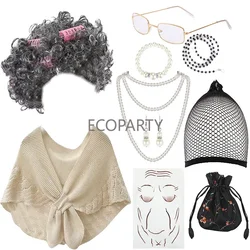 2023 New Combination Grandma Wig Halloween Ball Show Costume Cos Grandma Handbag Necklace Shawl Curly Hair Stick Wig Ten Sets