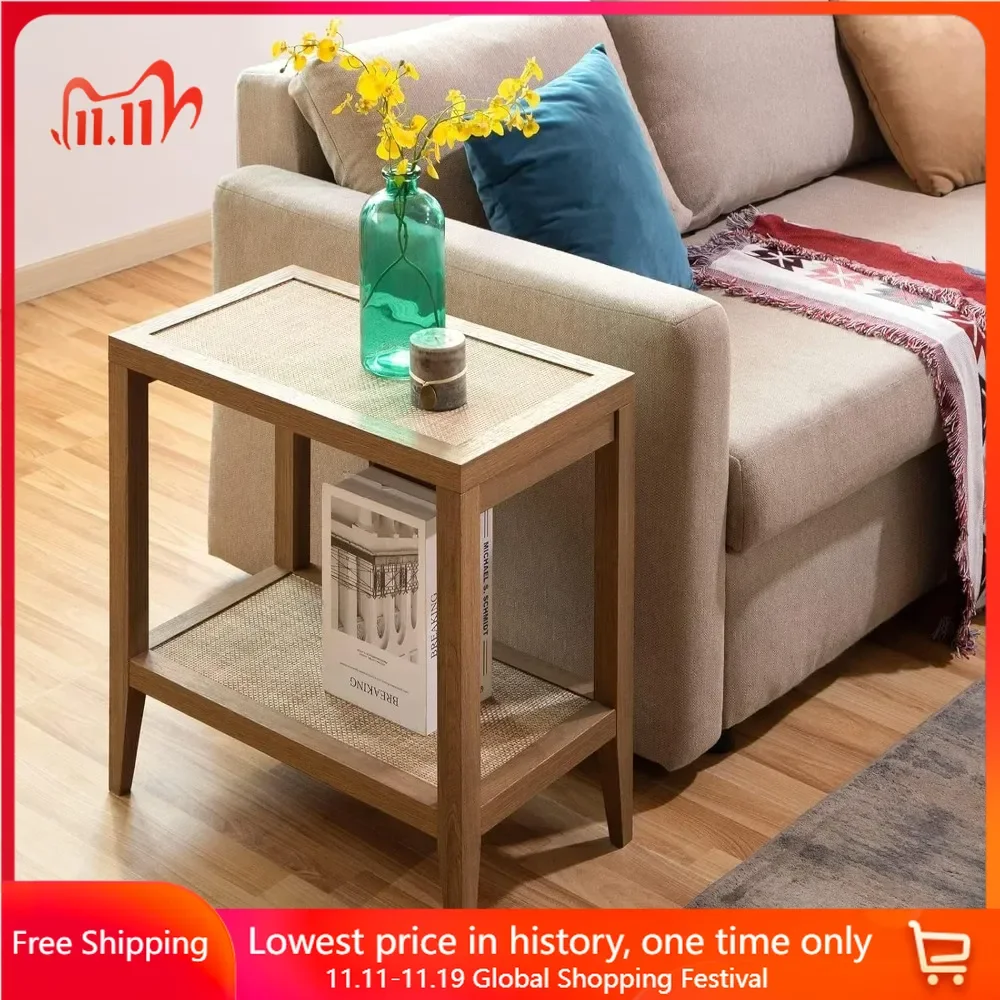 

Solid Wood End Table, Accent Side Table with 2 Rattan Open Storage Shelves for Bedroom, Woodend Tables in The Living Room