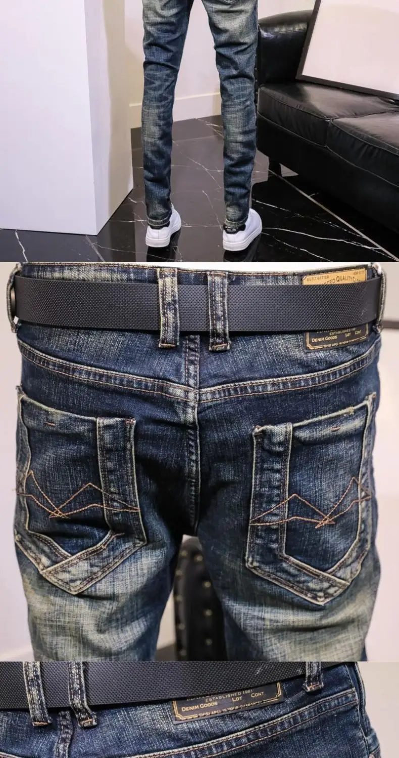 Moda estilo coreano vintage remendado rasgado fino ajuste jeans para homens remendos casual primavera outono calças jeans roupas de grife